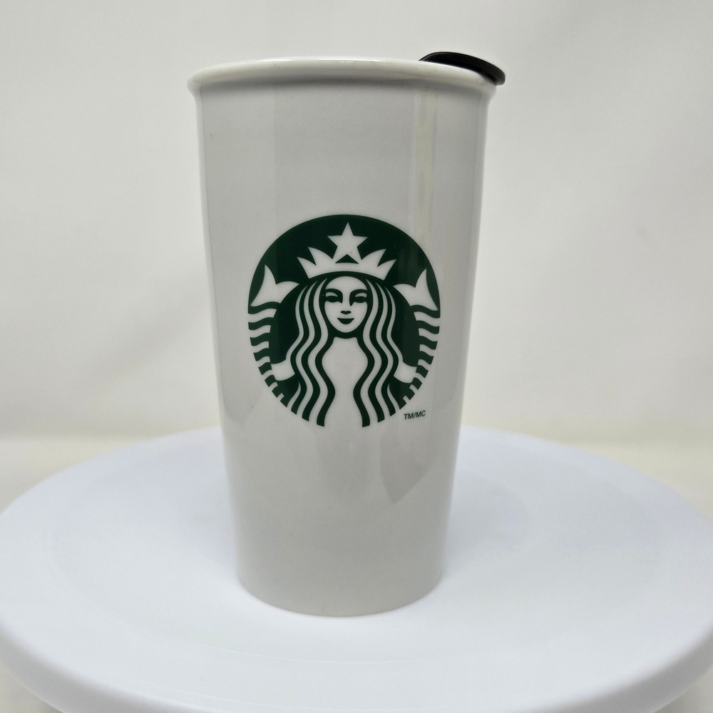 Starbucks 2011 White Ceramic Travel Tumbler‎ Siren Logo 12oz Coffee Mug with Lid